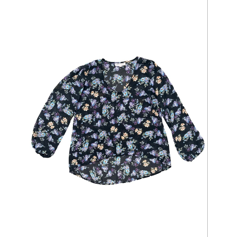 Philosophy Black Purple Floral V Neck Blouse Women's Medium